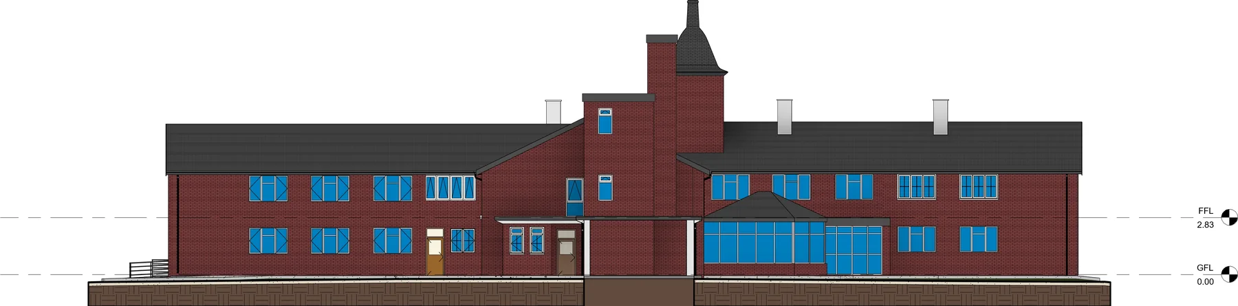Processed BIM: east elevation for Institutional building: point cloud to BIM evidence