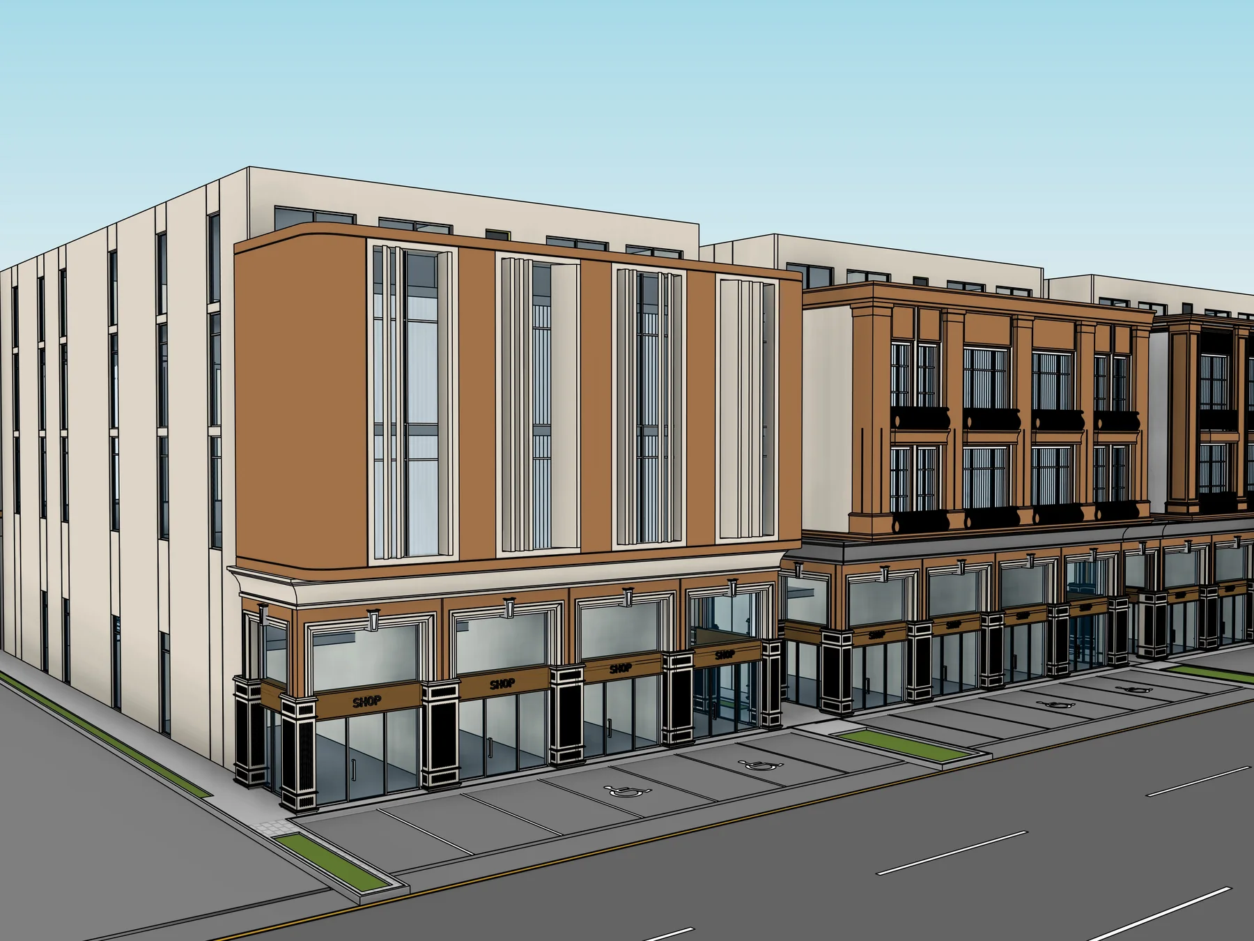 Processed BIM: oblique view for Jeddah commercial frontage: scan-to-BIM evidence