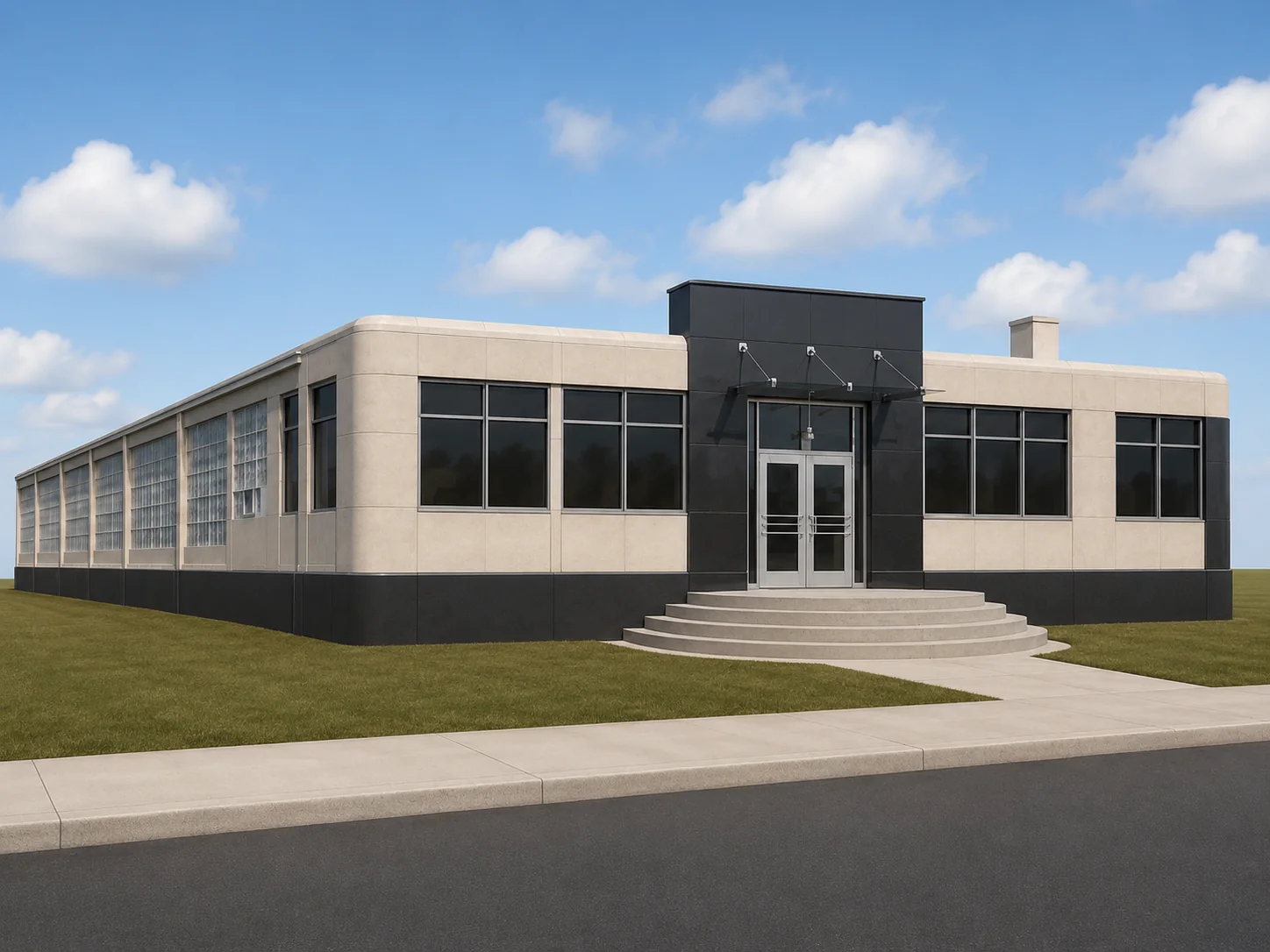 Processed BIM: front façade for U.S. commercial building: scan-to-BIM evidence